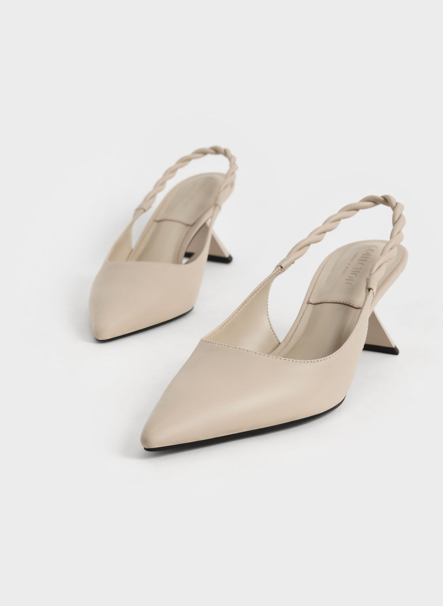Leather Braided Slingback Pumps, Beige, hi-res