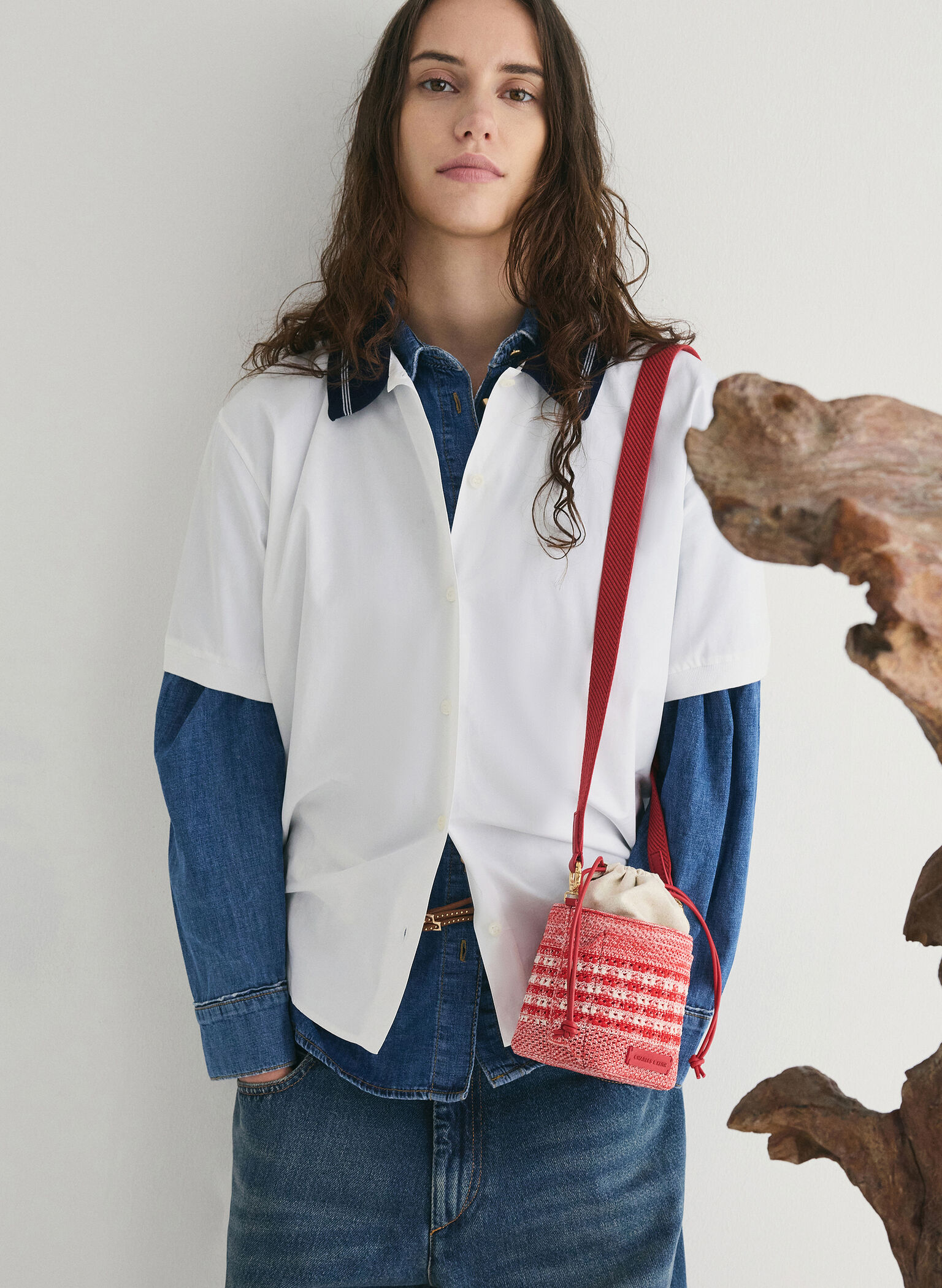 Girls' Ida Knitted Gingham Bucket Bag, Gingham Red, hi-res