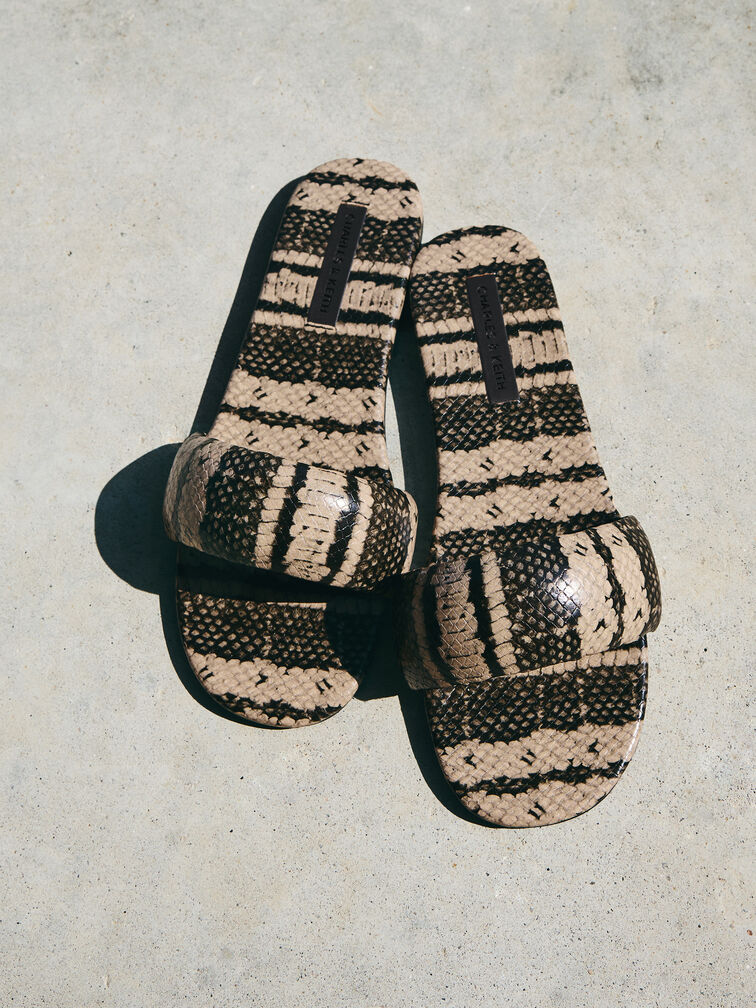 Snake-Print Slide Sandals, Animal Print Natural, hi-res