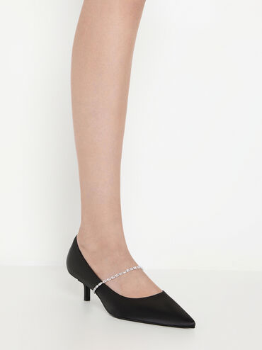 Satin Embellished-Strap Pointed-Toe Pumps, Black Textured, hi-res