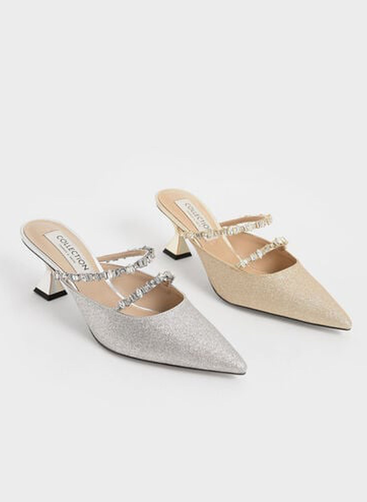 Wedding Collection: Gem-Encrusted Metallic Glittered Mules, Silver, hi-res