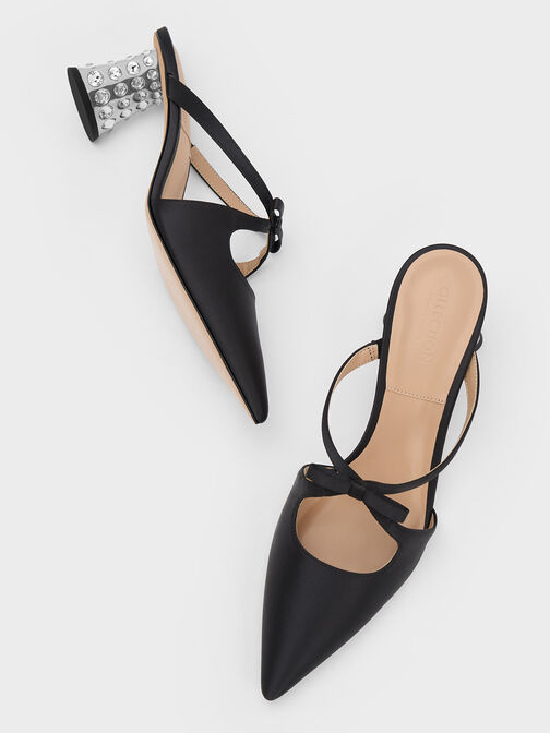 Bow Crossover Gem-Embellished Mules, Black, hi-res