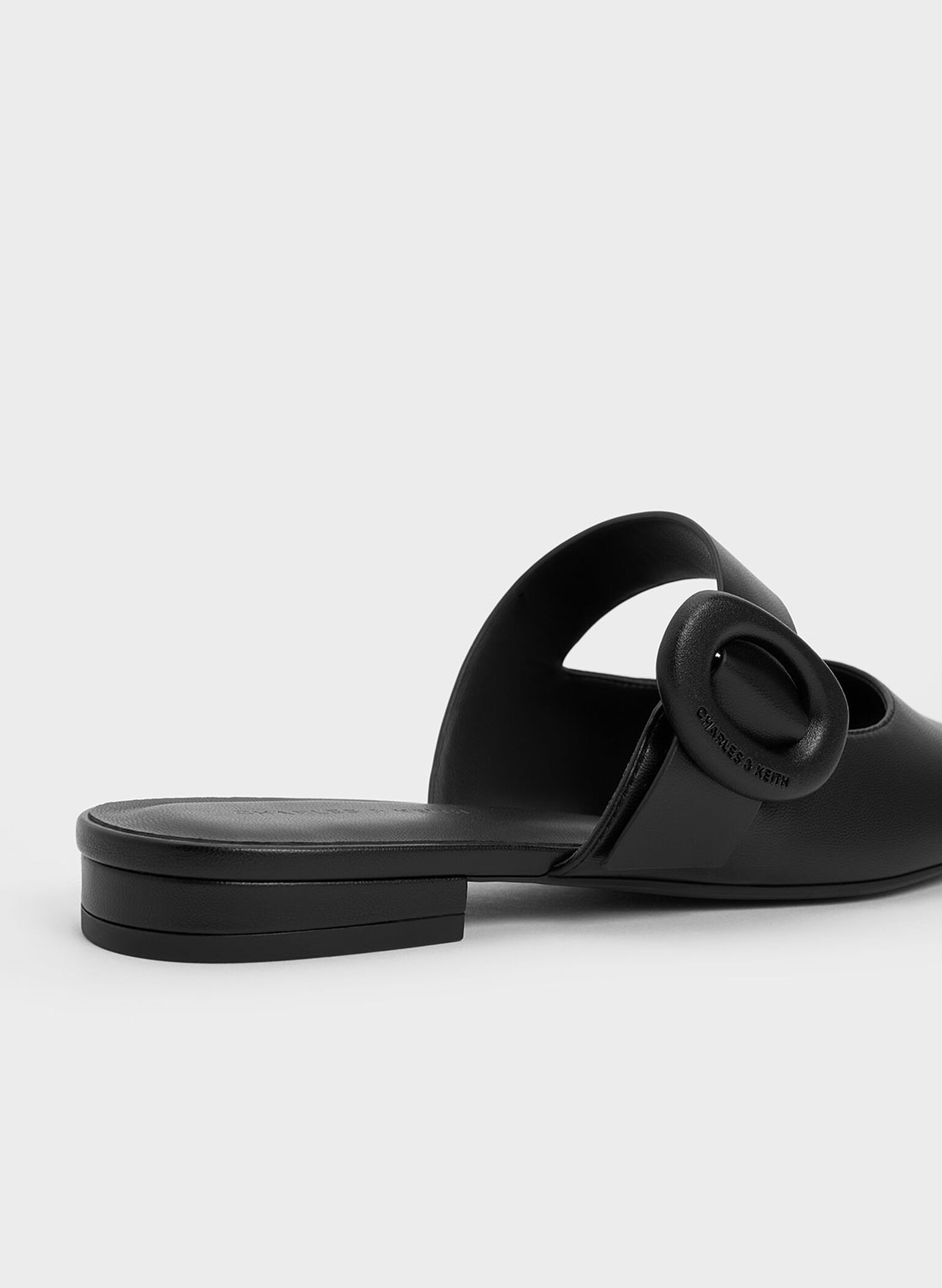 Oval-Buckle Flat Mules, Black, hi-res