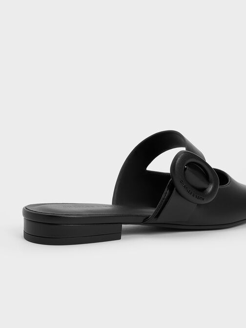 Oval-Buckle Flat Mules, Black, hi-res