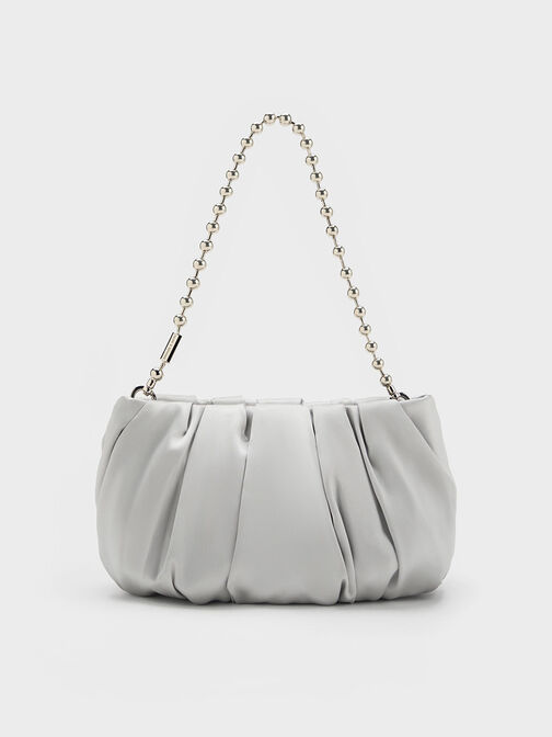 Satin Ruched Bead-Handle Bag, Silver, hi-res