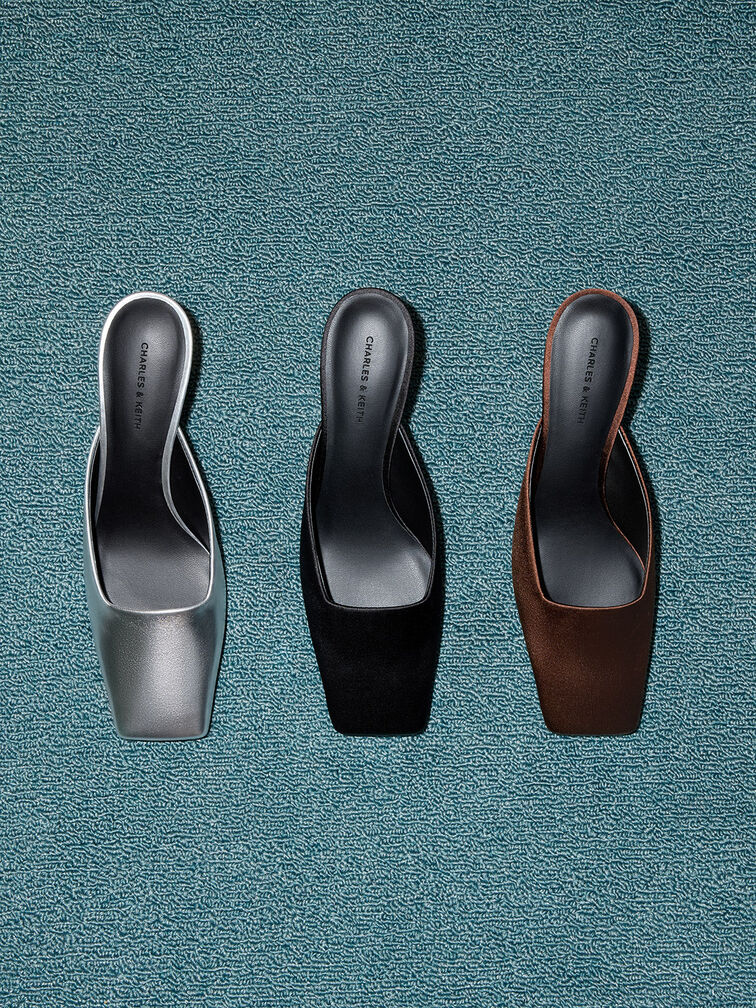Metallic Square-Toe Blade-Heel Mules, Silver, hi-res