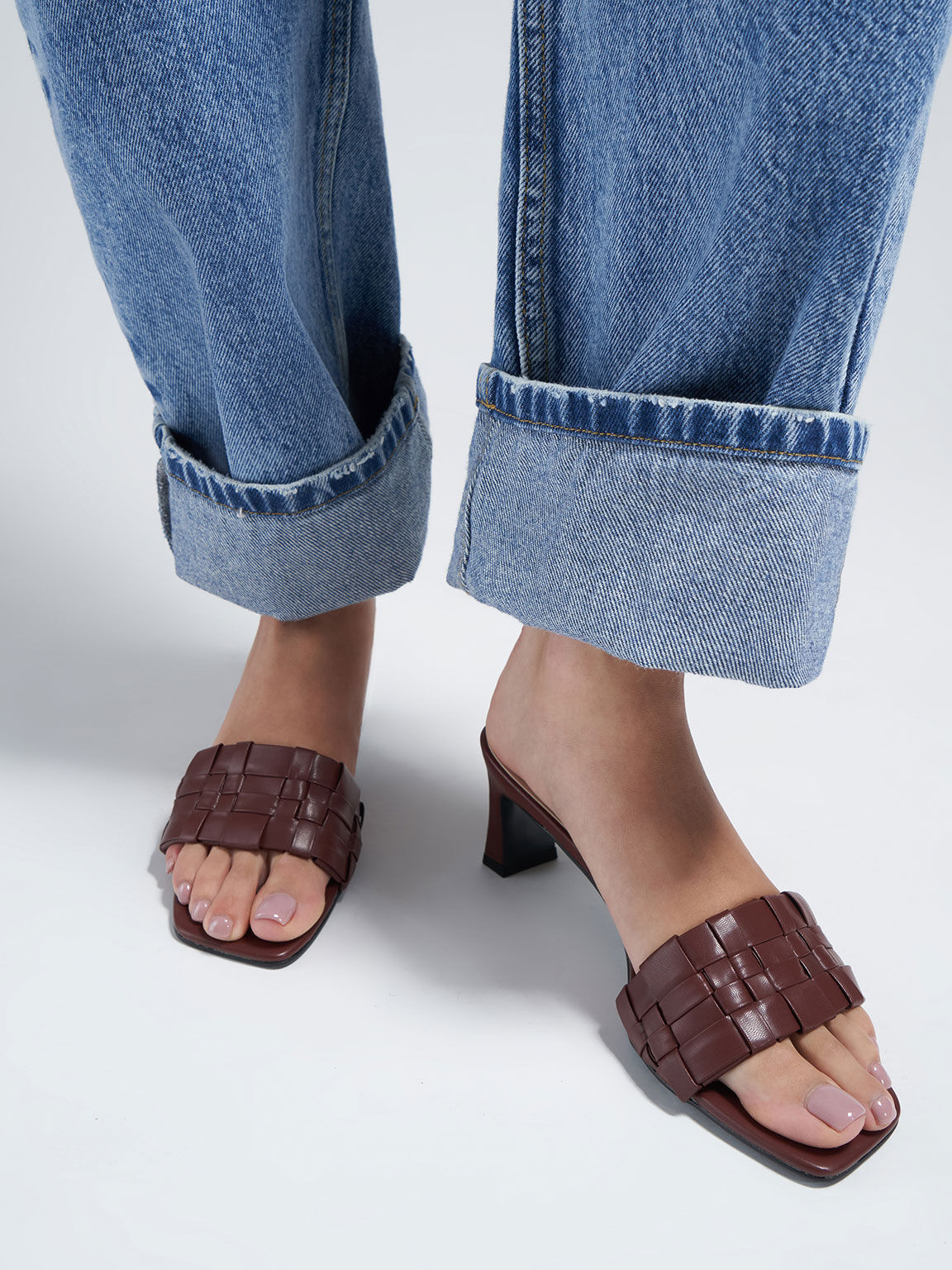 Woven Square Toe Mules, Brown, hi-res