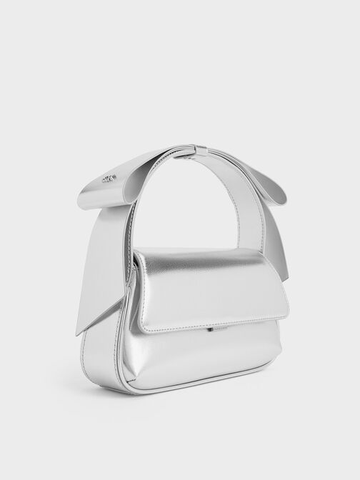 Leather Metallic Bow Top-Handle Bag, Silver, hi-res