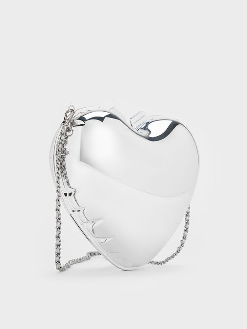Metallic Heart Crossbody Bag, Silver, hi-res