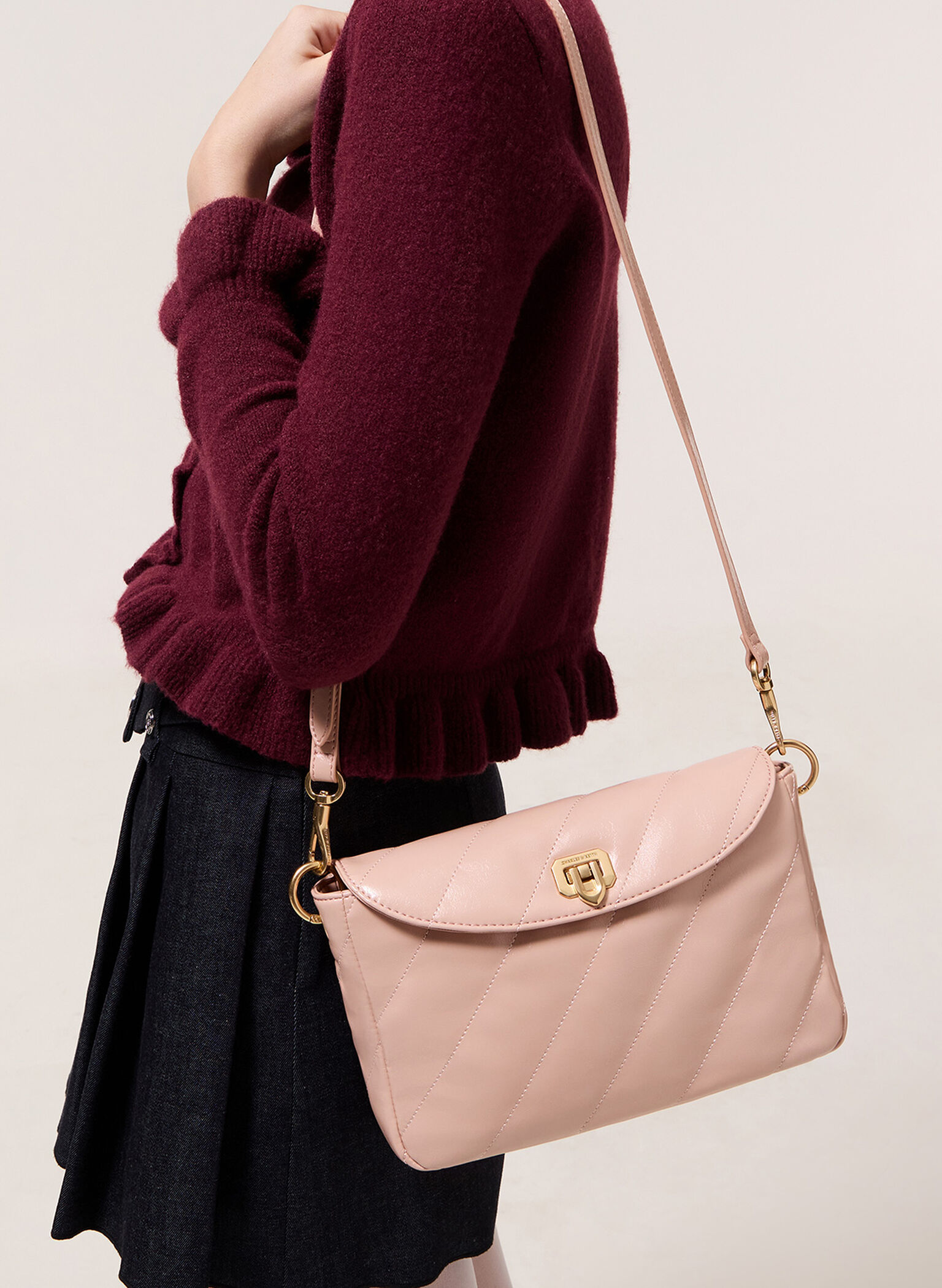 Fawn Panelled Front Flap Chain-Handle Bag, Light Pink, hi-res