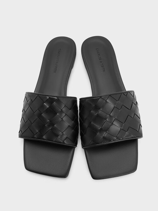 Woven Slide Sandals, Black, hi-res