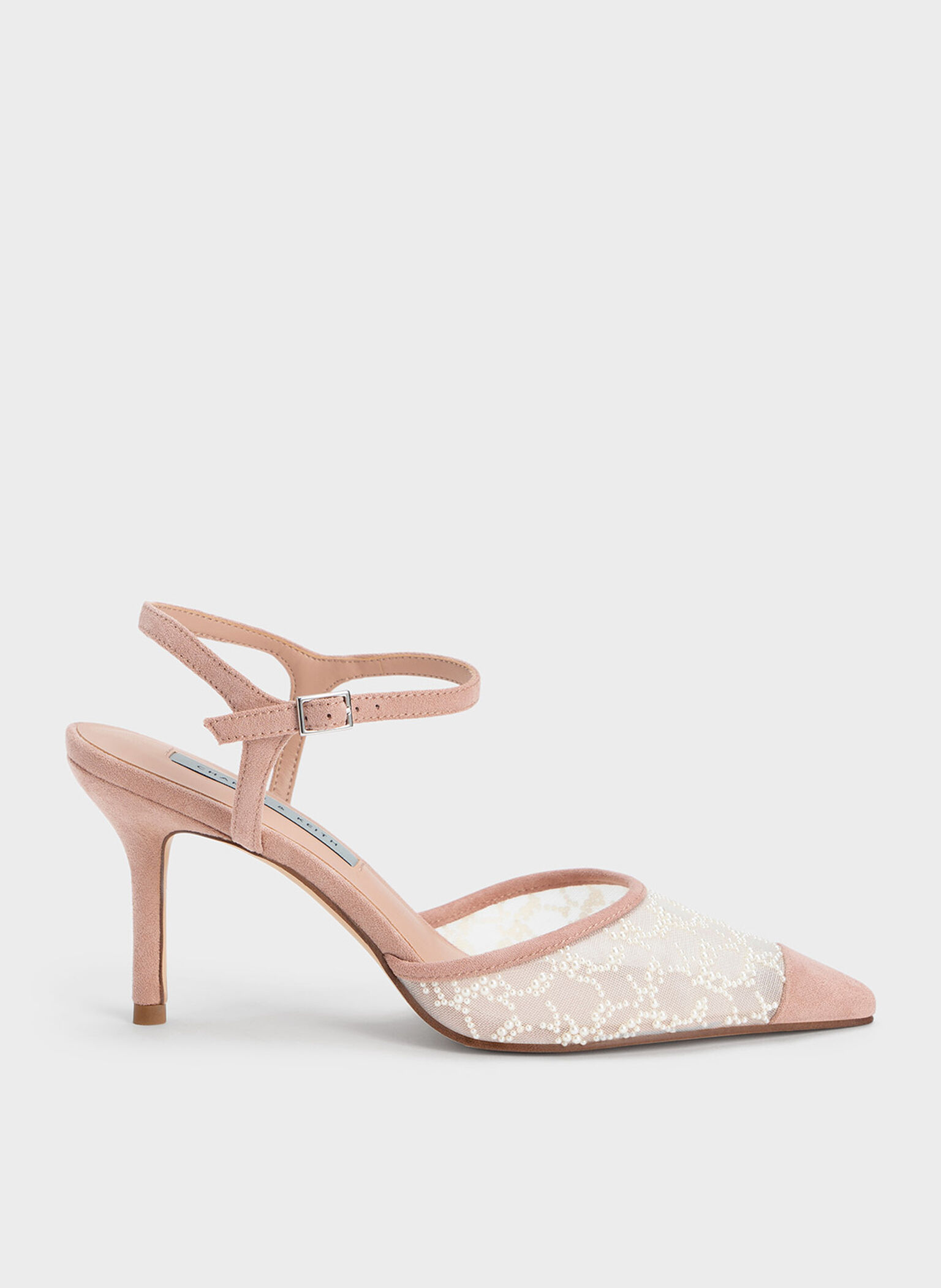 Beaded Mesh Ankle Strap Pumps, Nude, hi-res