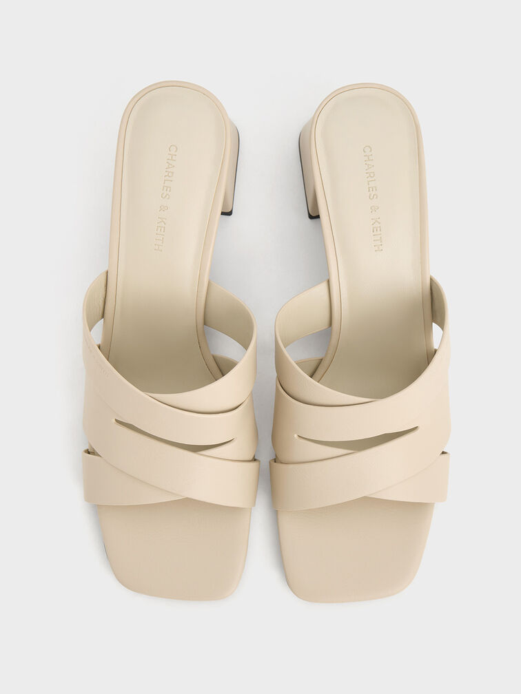 Crossover-Strap Square-Toe Block-Heel Mules, Beige, hi-res