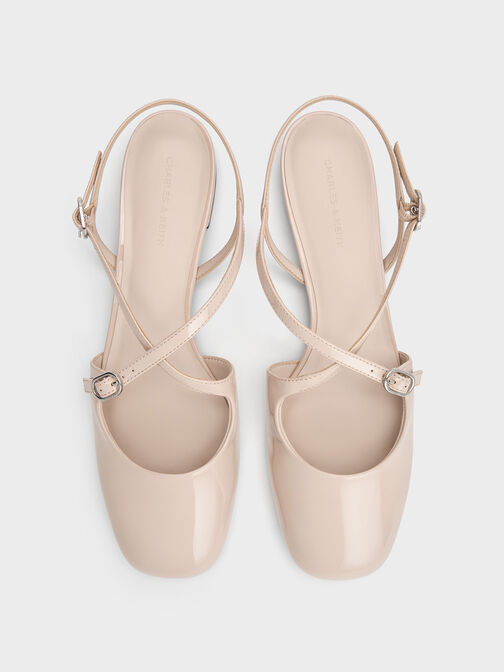 Patent Crossover Buckled Slingback Flats, Nude, hi-res