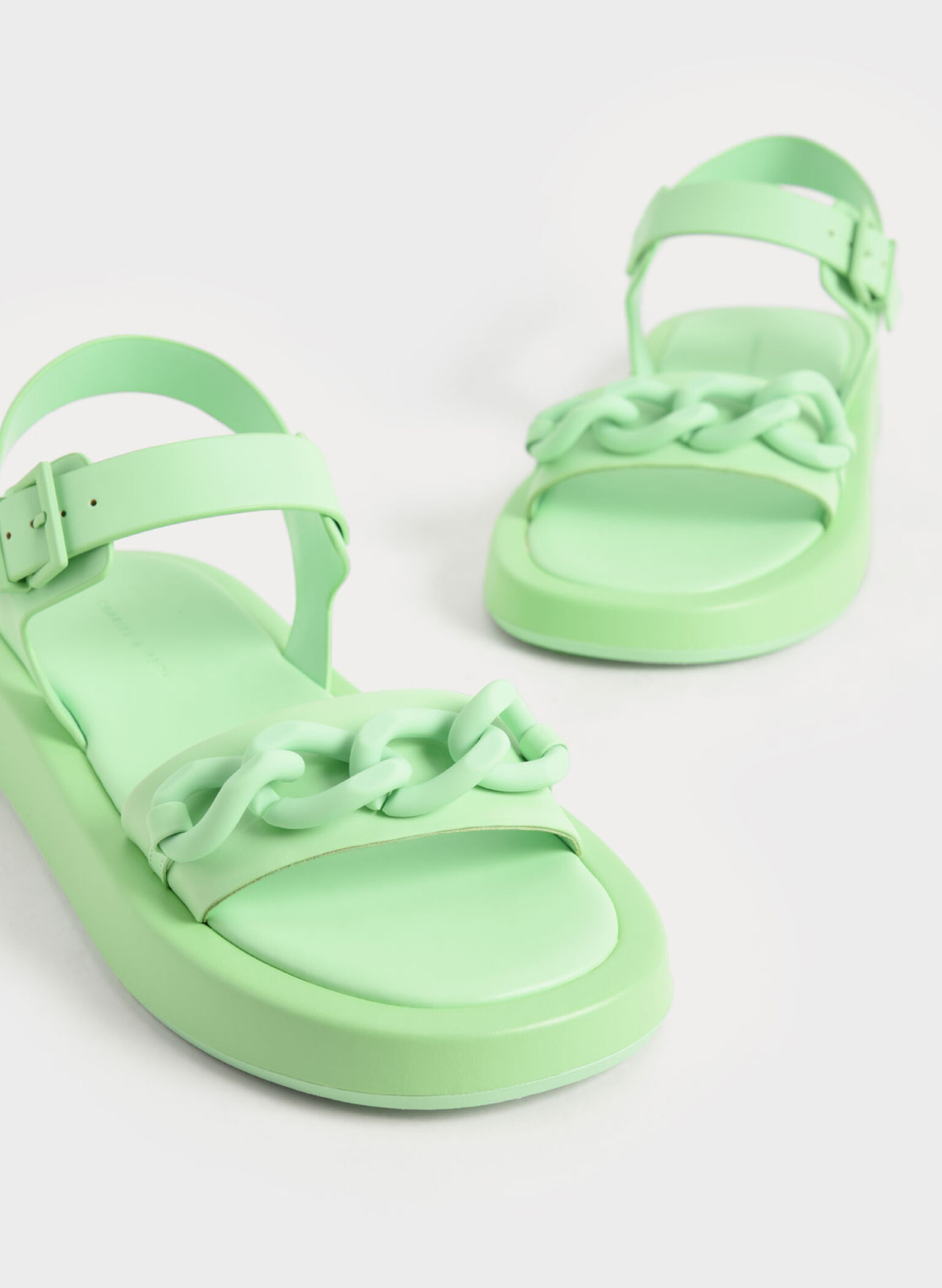 Chunky Chain-Link Ankle-Strap Padded Sandals, Green, hi-res