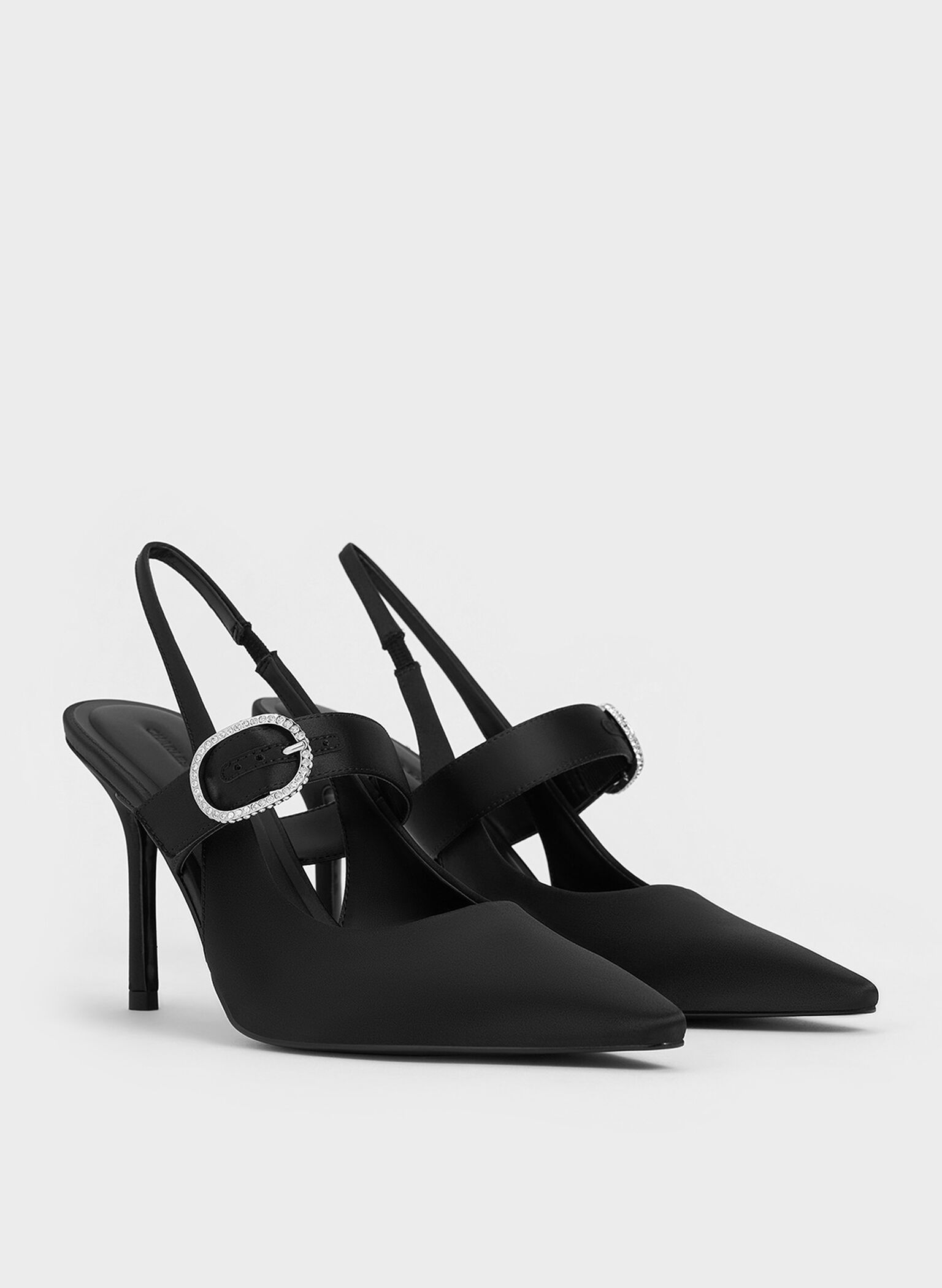 Satin Crystal-Embellished Slingback Mary Jane Pumps, Black Textured, hi-res