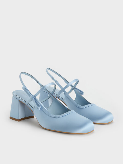 Satin Bow Slingback Mary Jane Pumps, Light Blue, hi-res