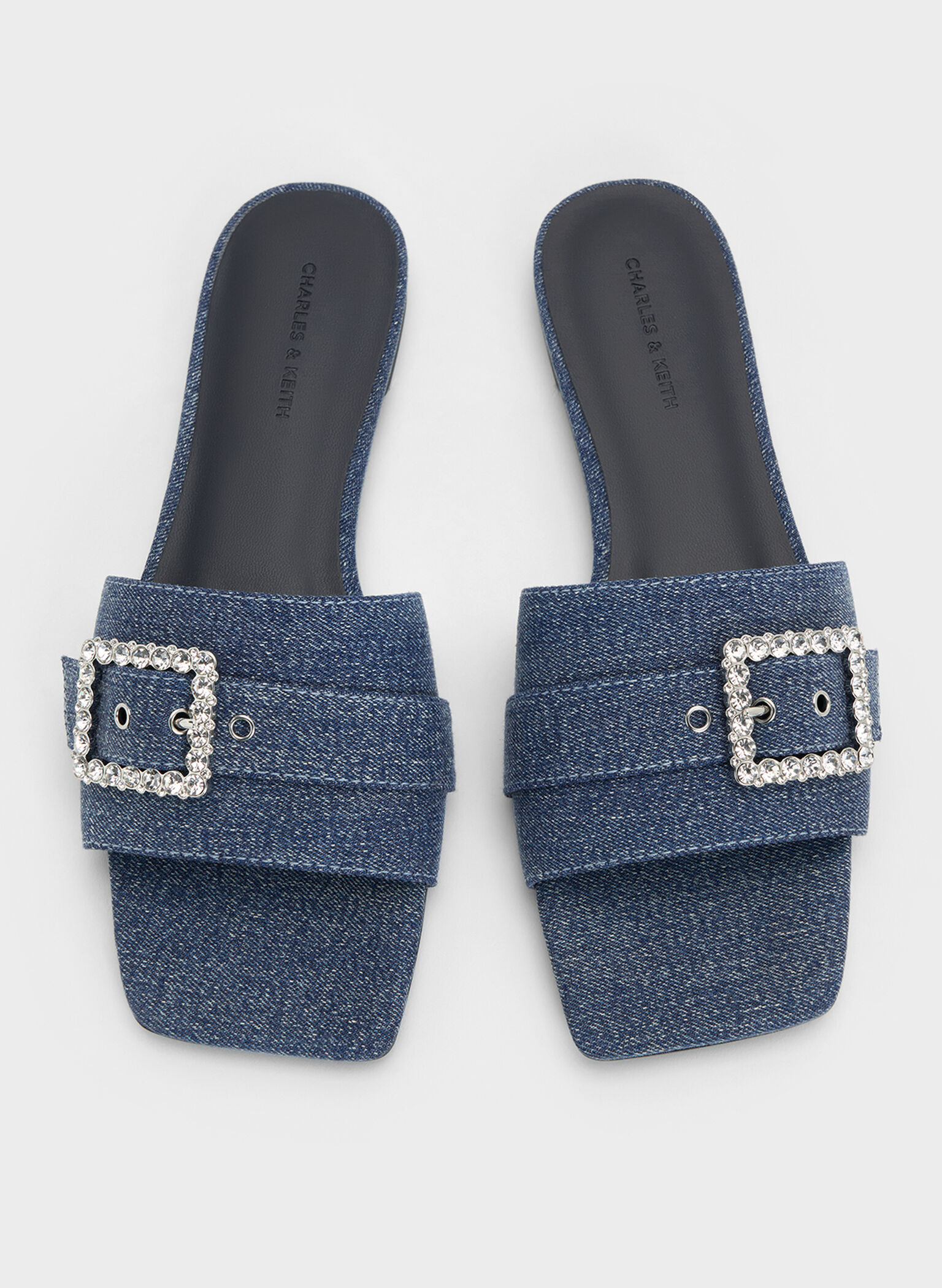 Denim Gem-Buckle Square-Toe Slide Sandals, Denim Blue, hi-res