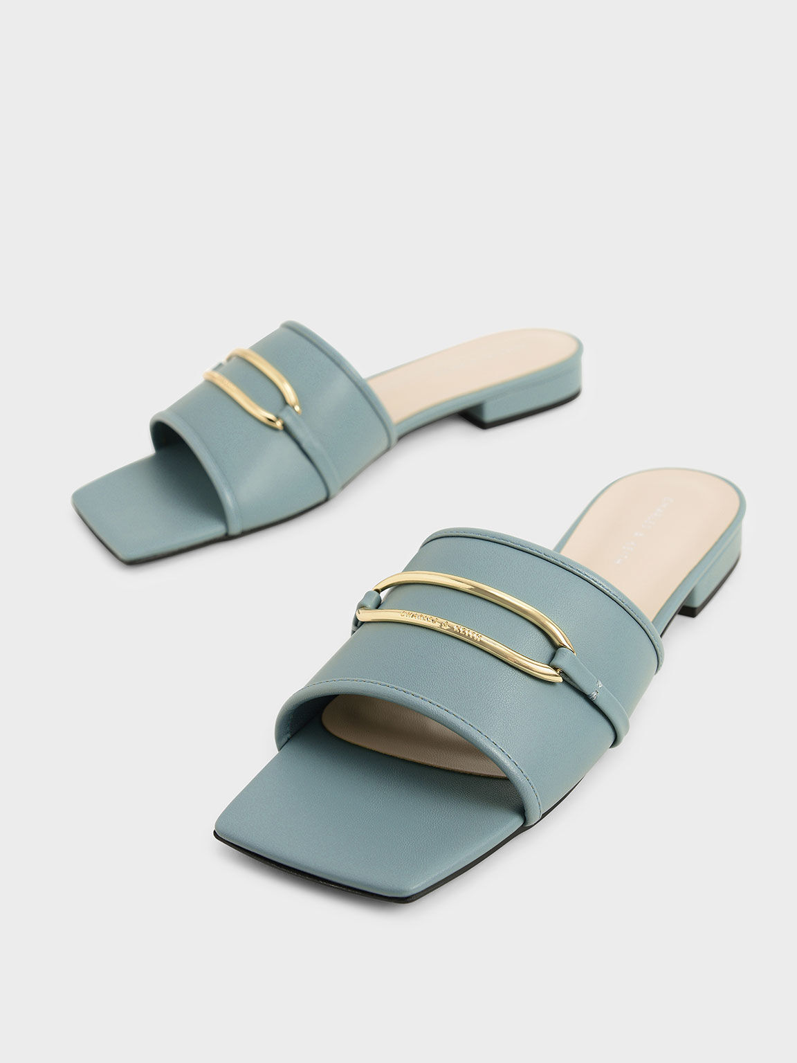 Metallic Accent Square-Toe Slide Sandals, Teal, hi-res