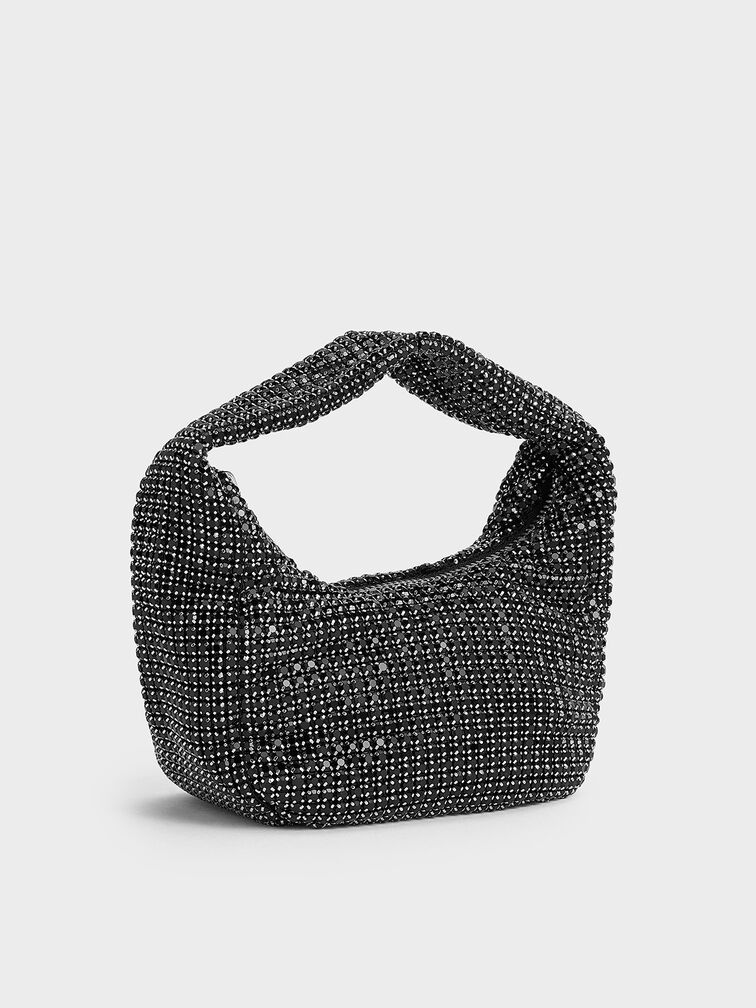Crystal-Embellished Hobo Bag, Noir, hi-res