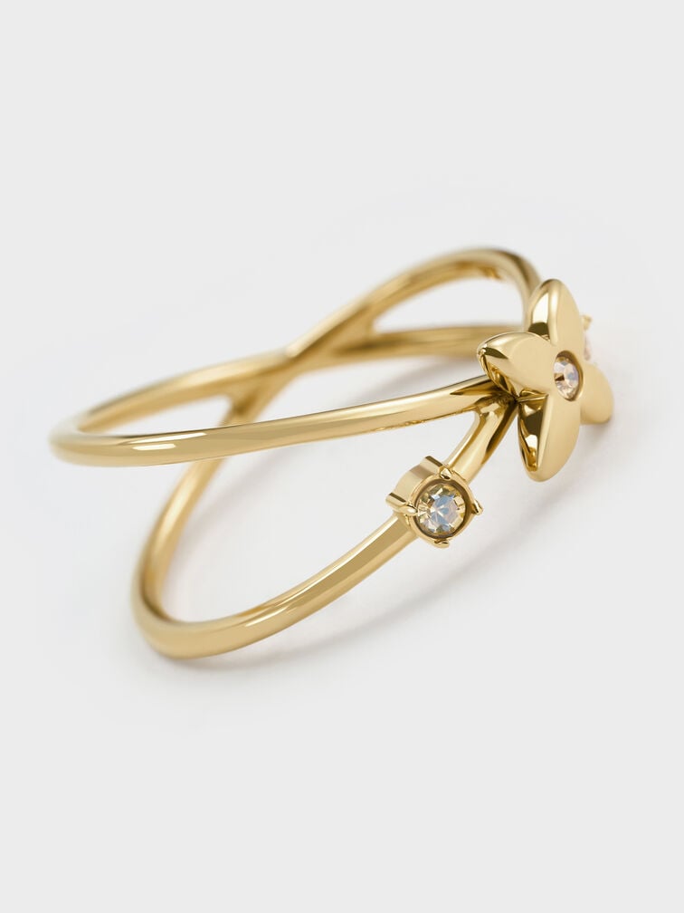 Felicity Flower-Motif Crystal Crossover Ring, Gold, hi-res