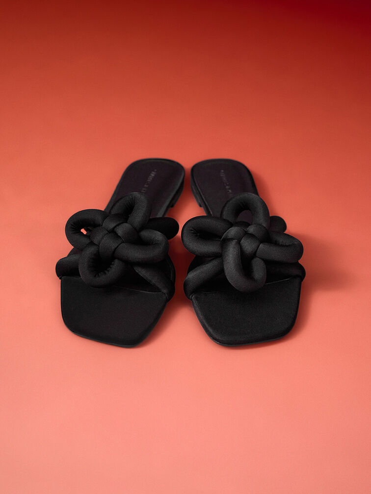 Clover-Knot Slide Sandals, Black Textured, hi-res