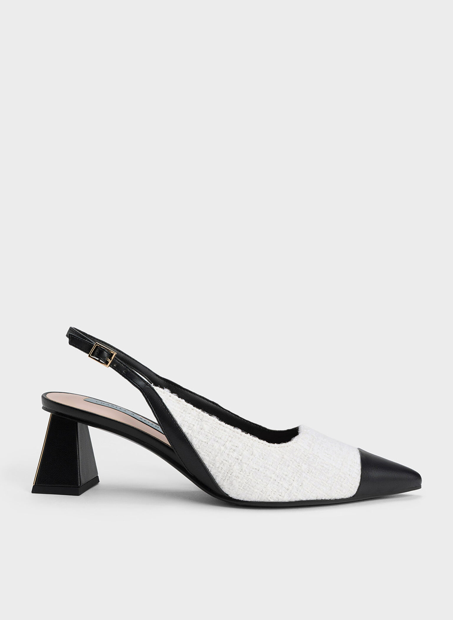 Tweed Toe Cap Slingback Pumps, White, hi-res