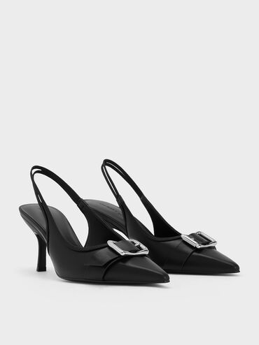 Buckled Pointed-Toe Slingback Pumps, Black, hi-res