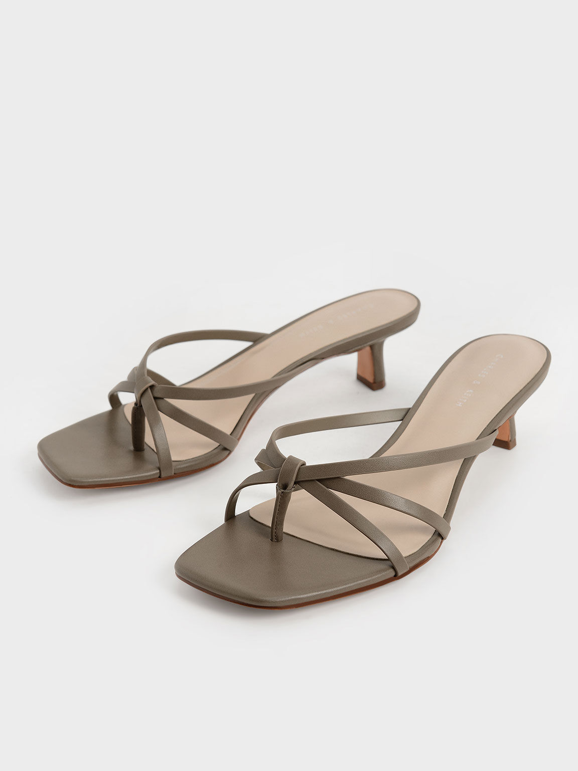 Strappy Heeled Toe-Loop Sandals, Olive, hi-res