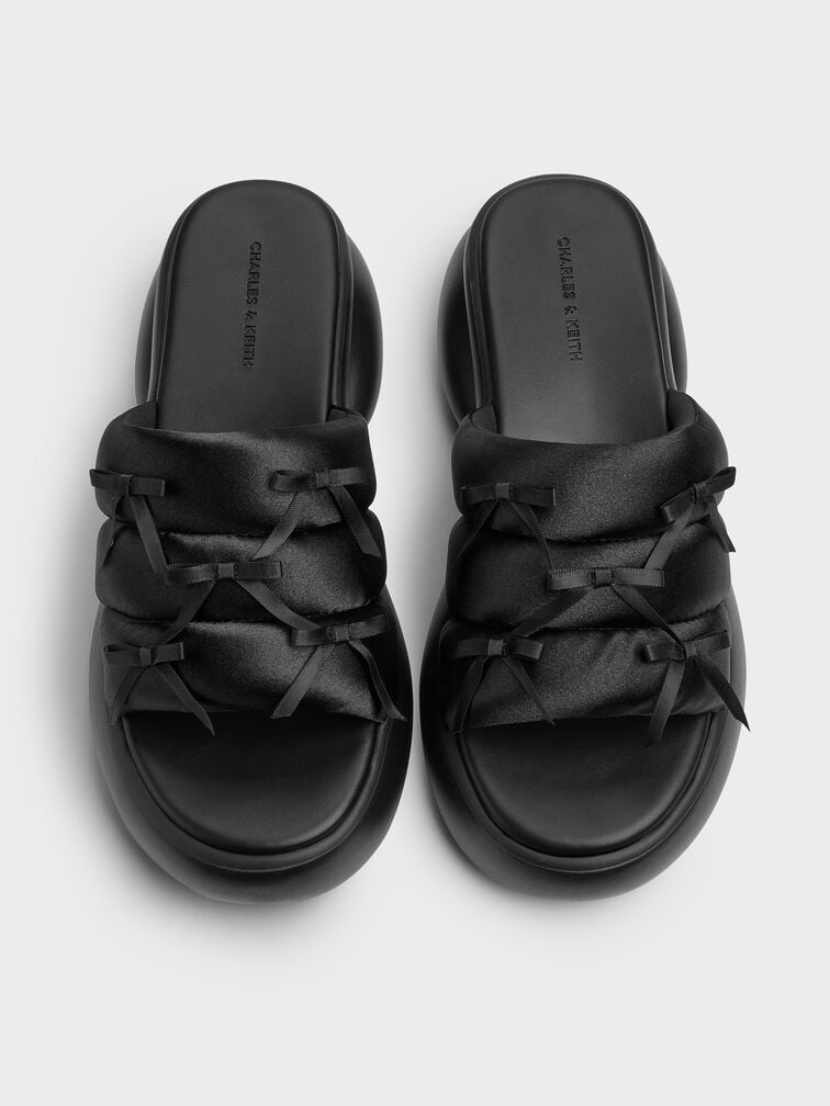 Recycled Polyester Bow Puffy Sports Sandals, Black Textured, hi-res