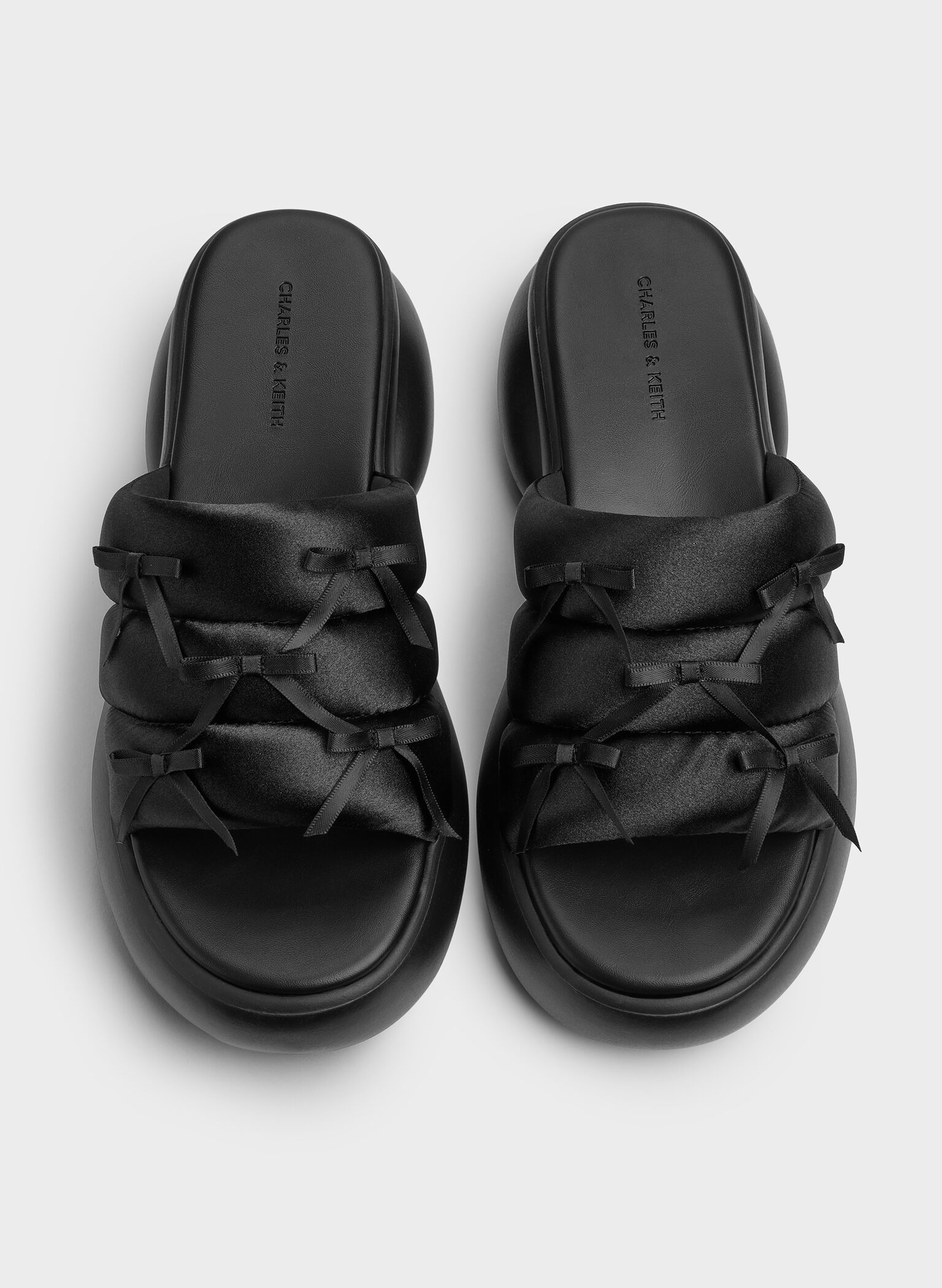 Recycled Polyester Bow Puffy Sports Sandals, Black Textured, hi-res