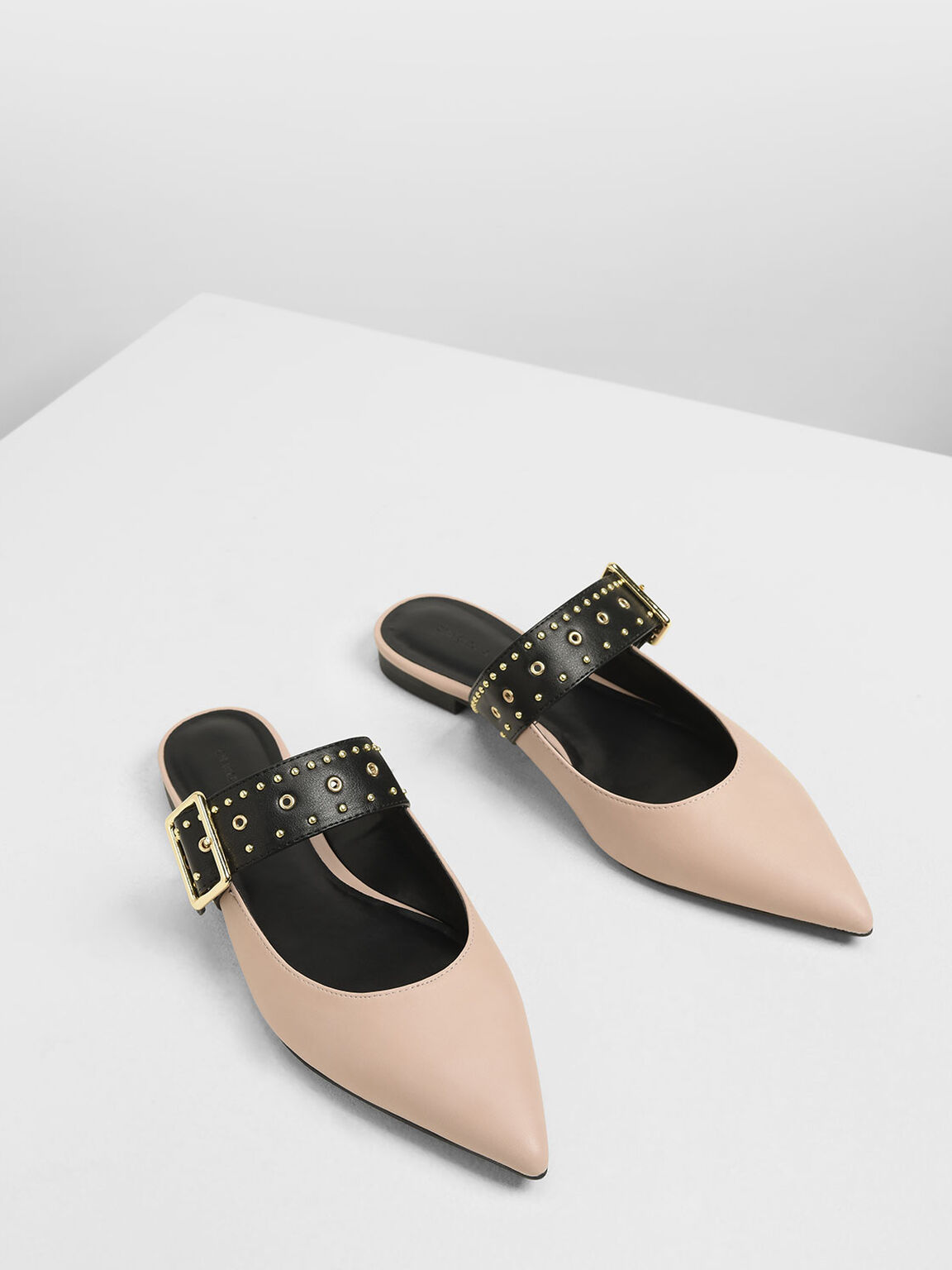 Studded Buckle Mules, Light Pink, hi-res