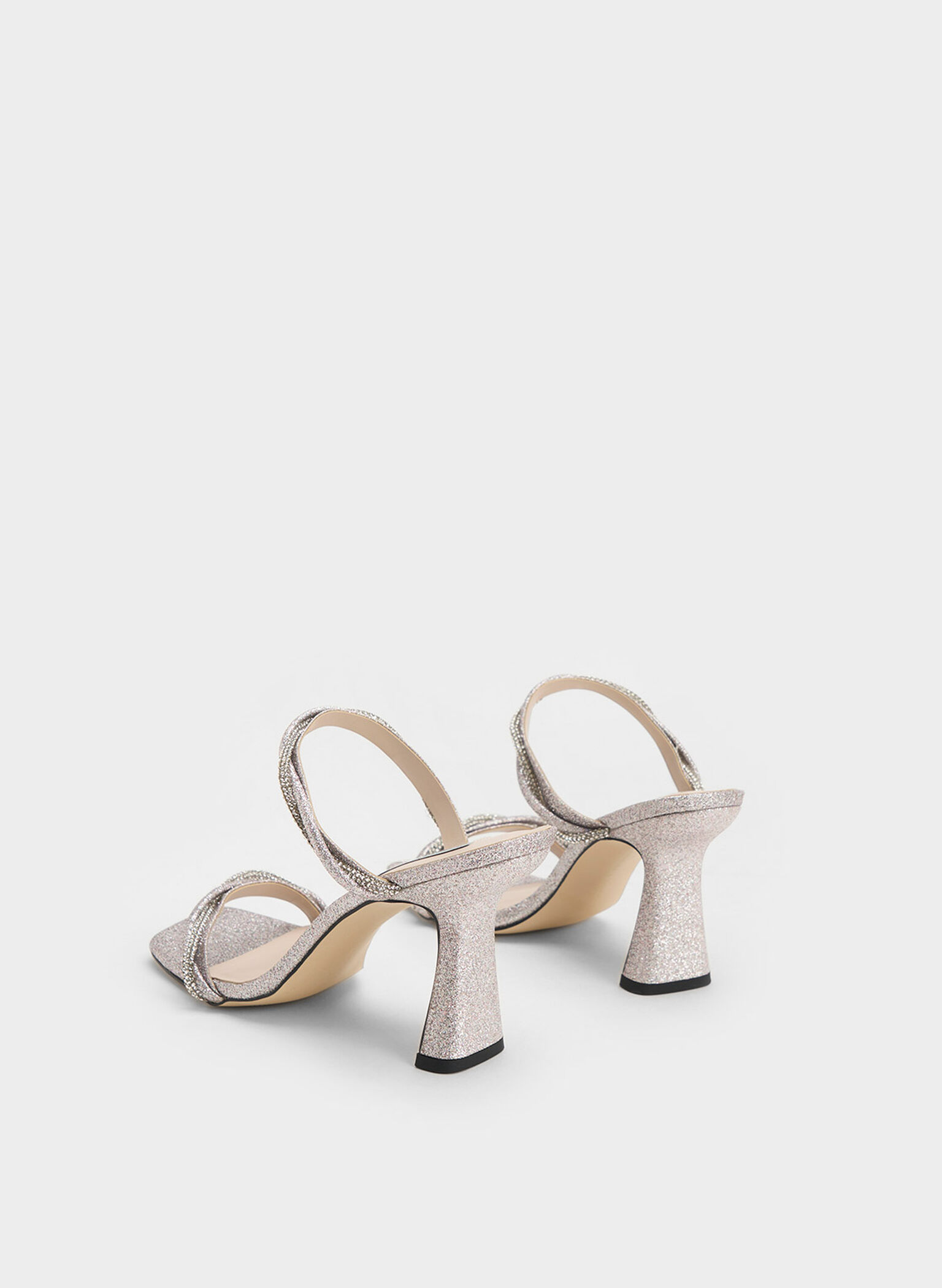 Embellished Twisted Strap Glittered Sandals, Silver, hi-res