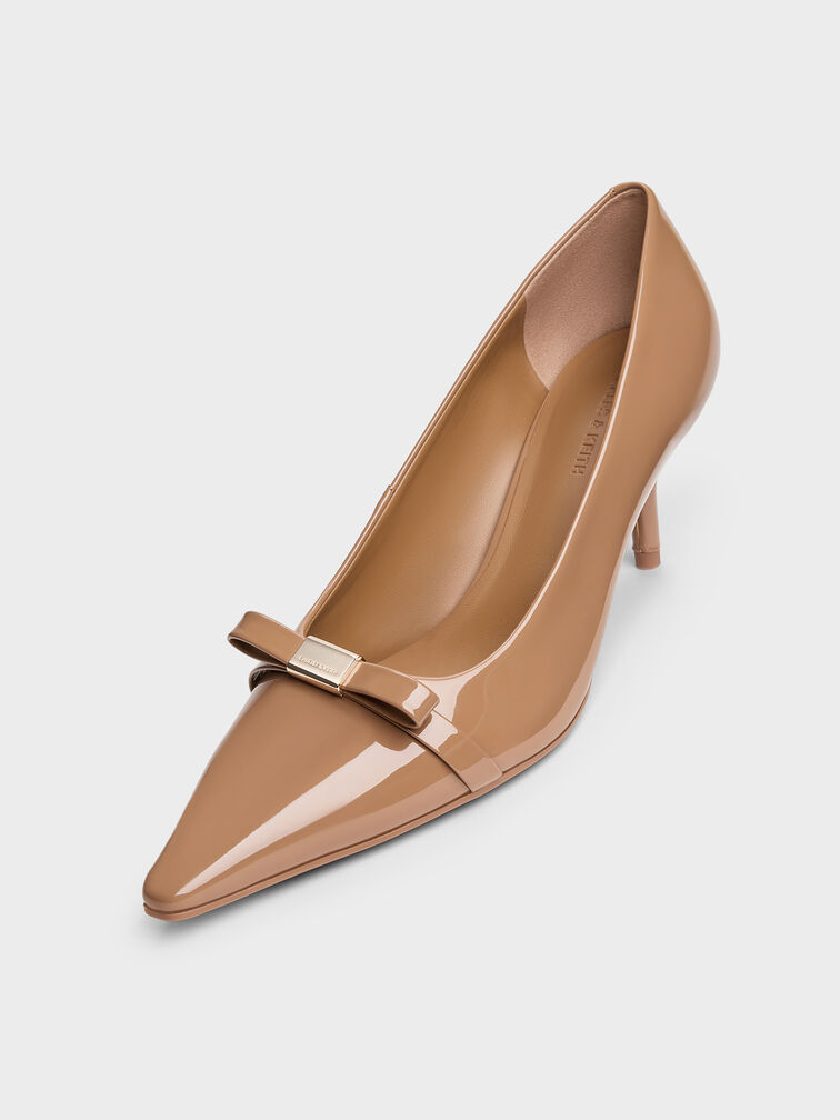 Dorian Patent Bow Pointed-Toe Stiletto-Heel Pumps, Caramel, hi-res