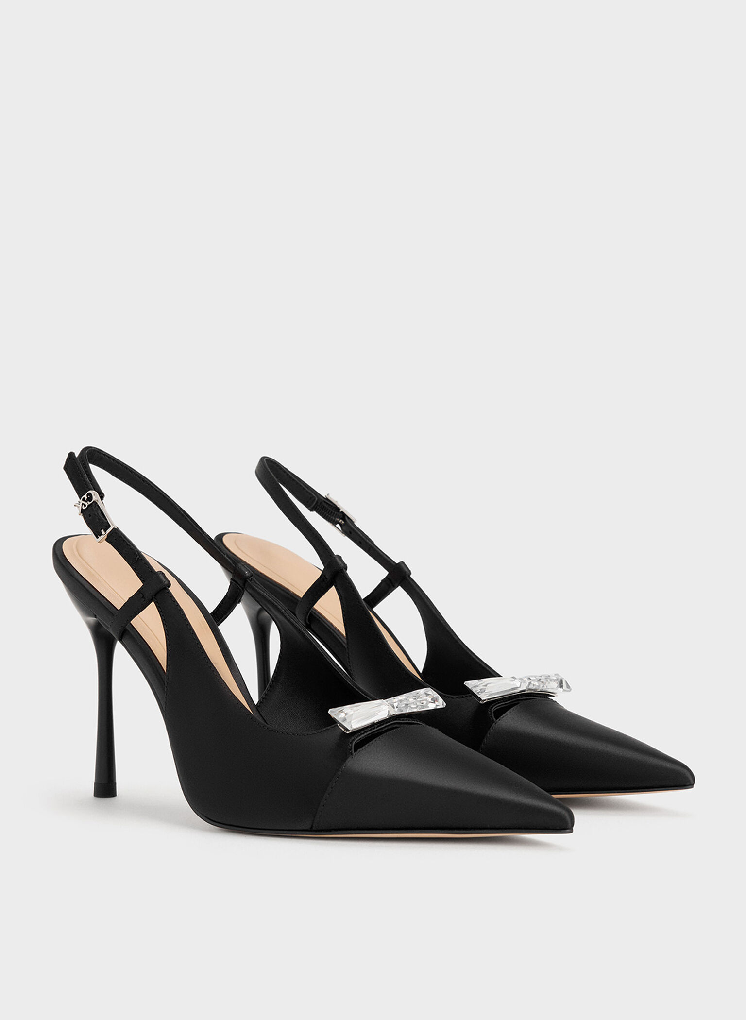 Recycled Polyester Bow Slingback Pumps, Black Textured, hi-res