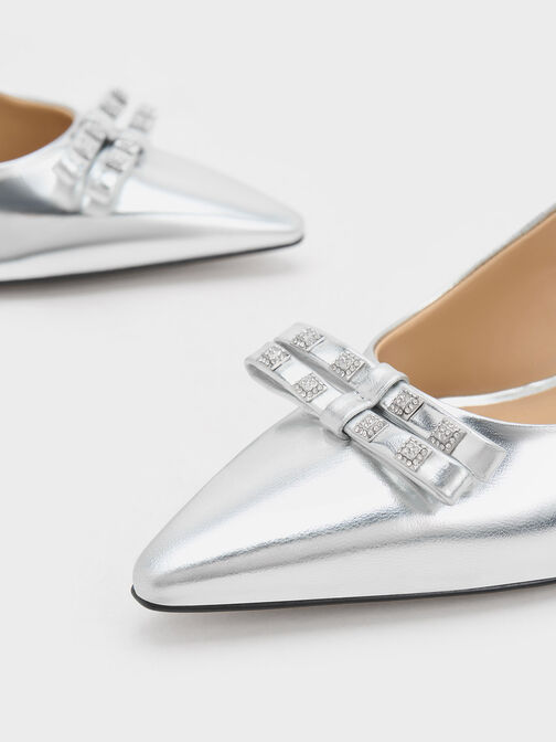 Bow Crystal-Embellished Metallic Leather Slingback Pumps, Silver, hi-res