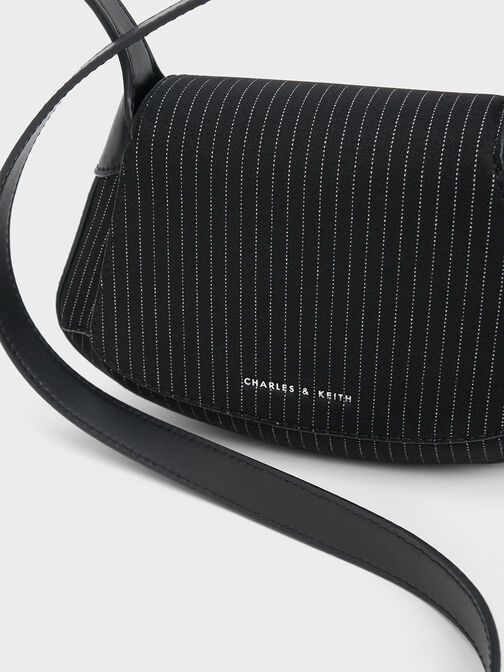 Striped Metallic-Accent Curved Top Handle Bag, Dark Grey, hi-res