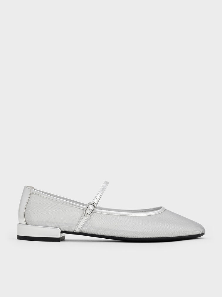Gertrude Mesh Mary Jane Flats, Silver, hi-res