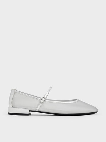 Gertrude Mesh Mary Jane Flats, Silver, hi-res