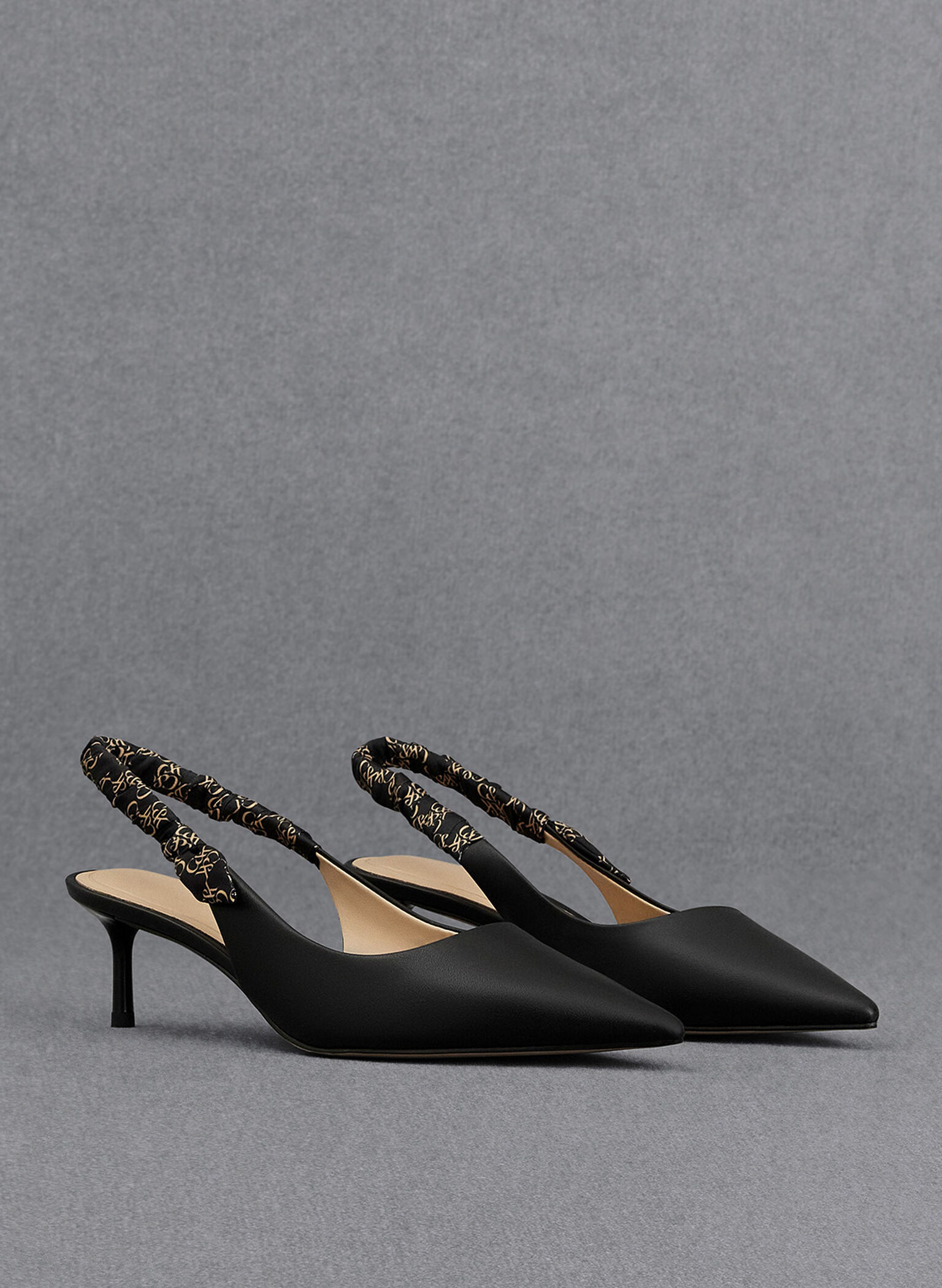 Tully Leather Ruched-Strap Slingback Pumps, Black, hi-res