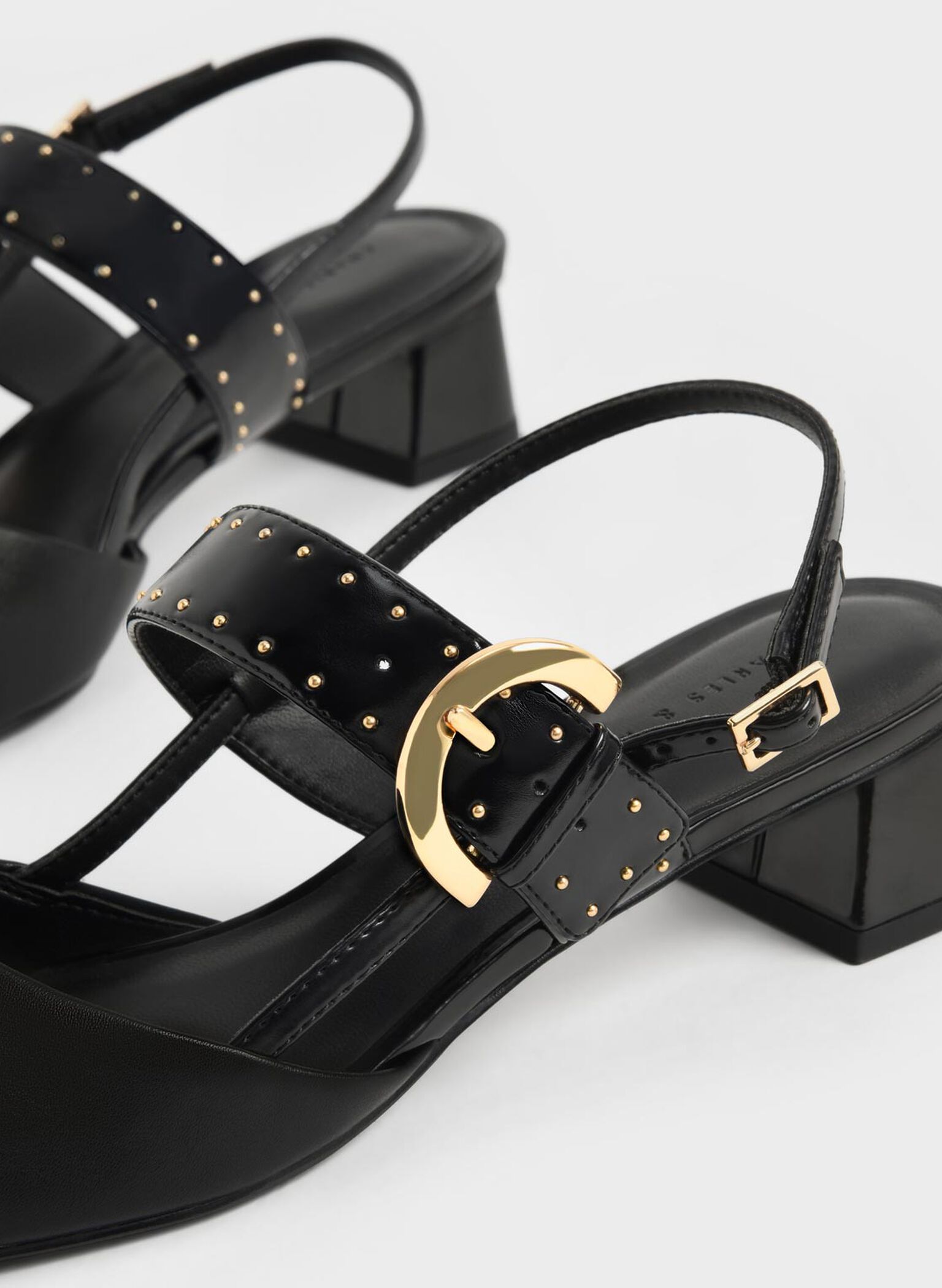 Studded Buckled Slingback Pumps, Black, hi-res