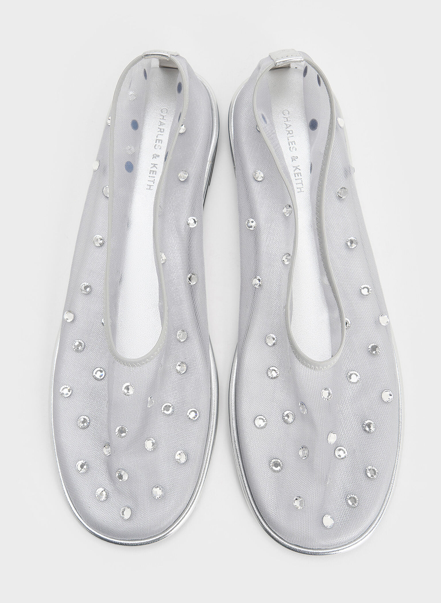 Mesh Gem-Embellished Ballet Flats, Silver, hi-res