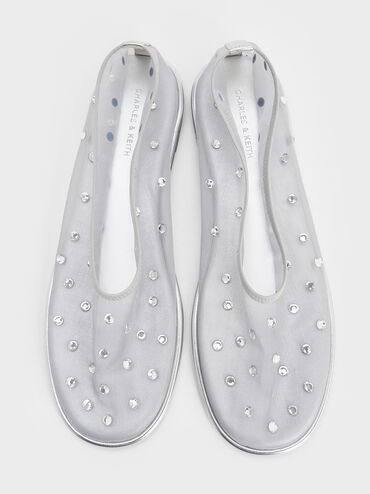 Mesh Gem-Embellished Ballet Flats, Silver, hi-res