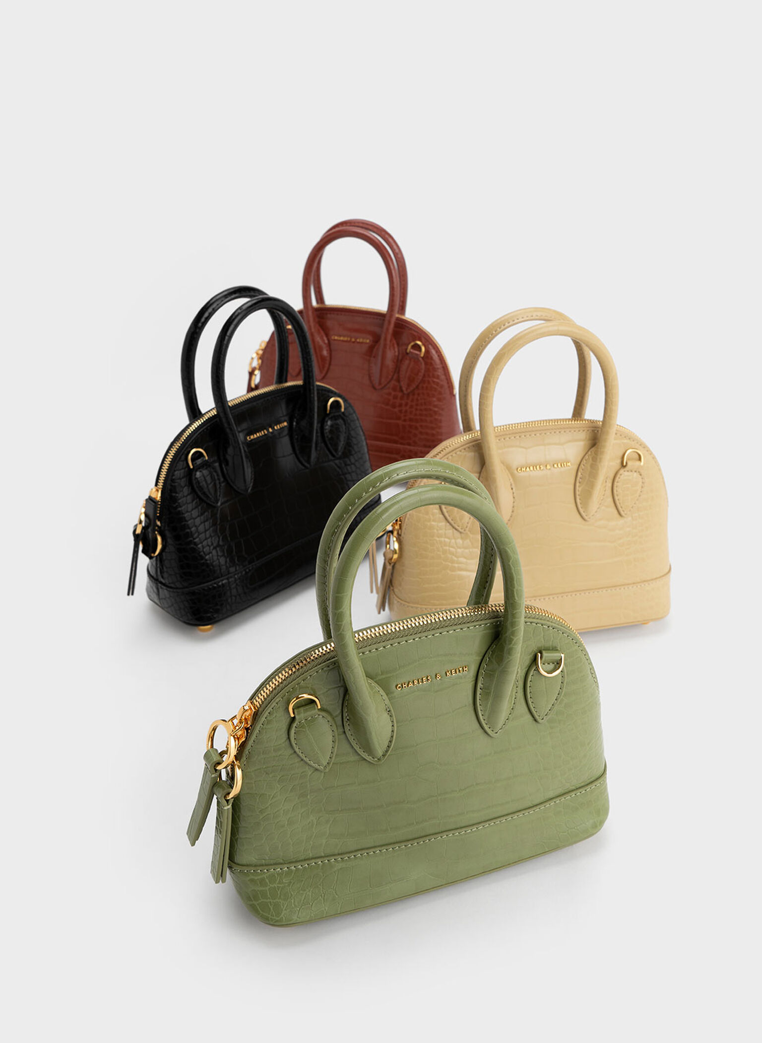 Harmonee Croc-Embossed Bowling Bag, Olive, hi-res