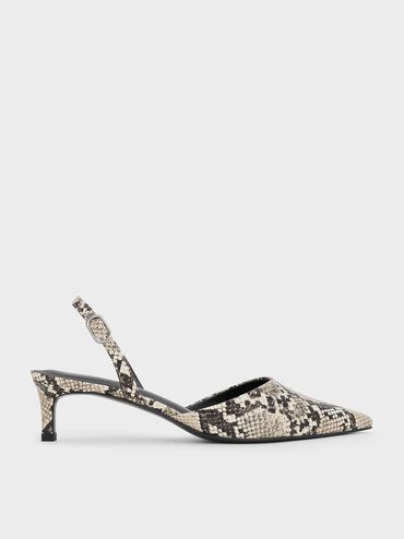 Snake-Print Pointed-Toe Slingback Kitten Heels, Animal Print Natural, hi-res