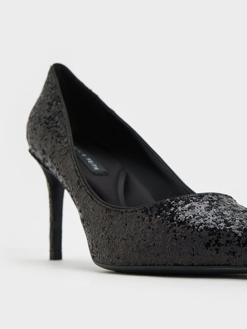 Emmy Glittered Pointed-Toe Pumps, Black Textured, hi-res