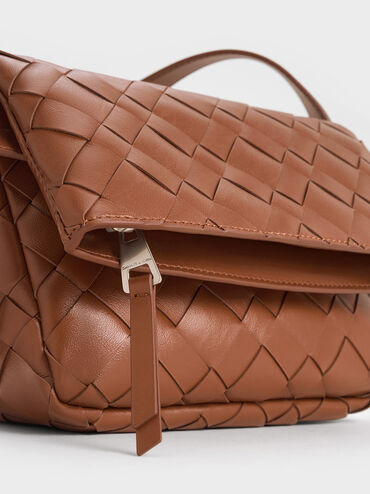 Ivette Woven Front Flap Crossbody Bag, Chocolate, hi-res