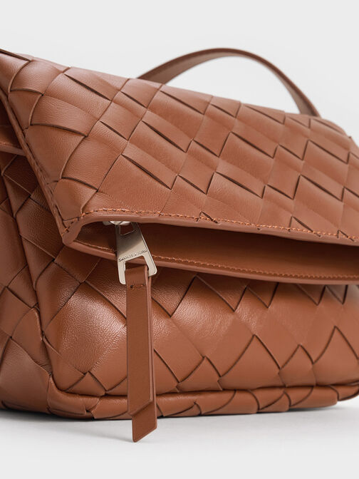 Ivette Woven Front Flap Crossbody Bag, Chocolate, hi-res
