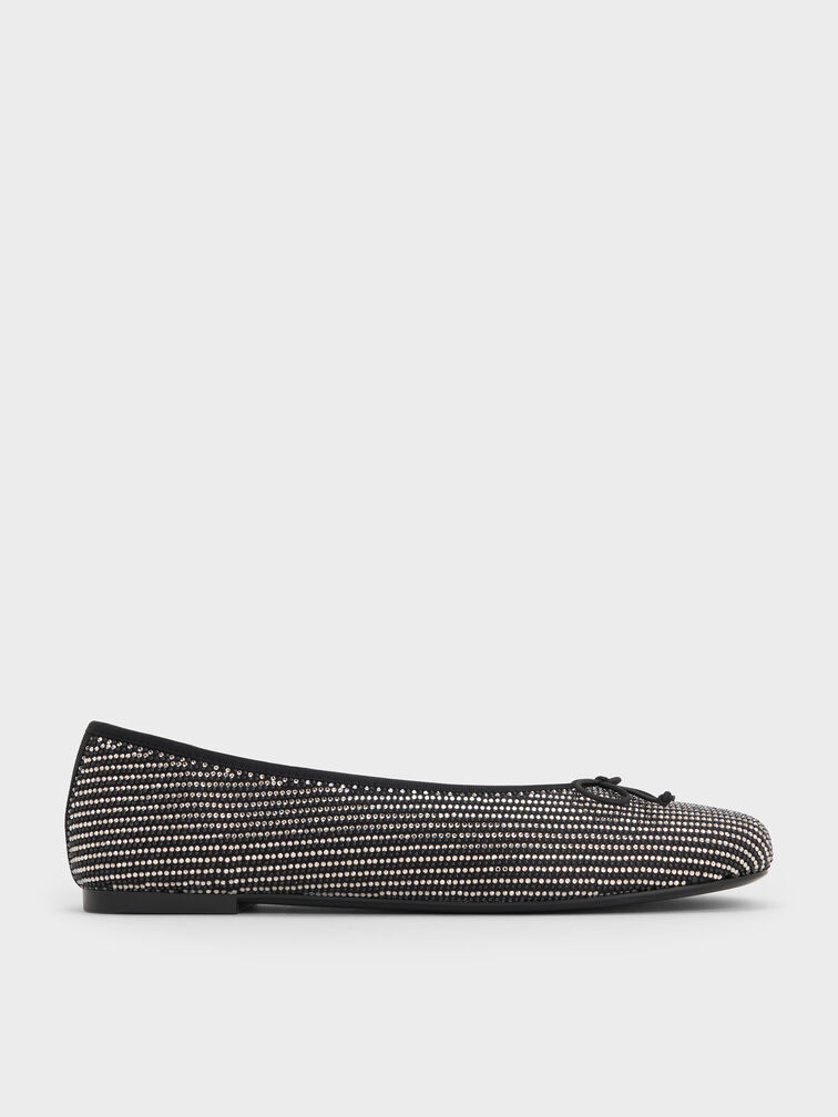 Satin Crystal-Embellished Bow Ballet Flats, Black Textured, hi-res