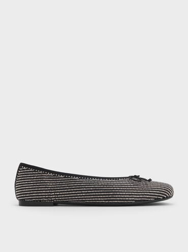 Satin Crystal-Embellished Bow Ballet Flats, Black Textured, hi-res